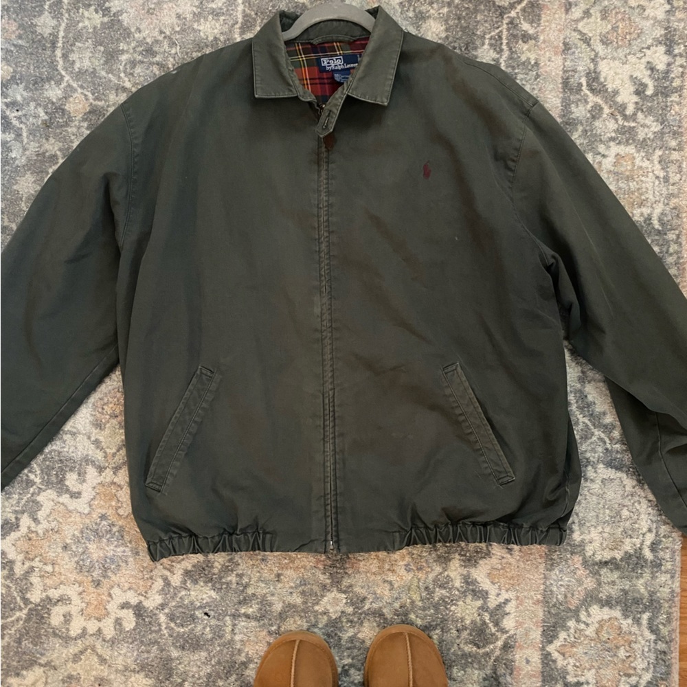 Vintage dark sage green polo jacket with plaid inside.